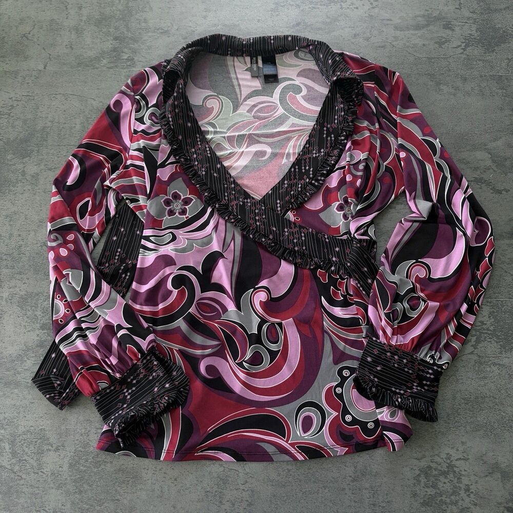 Bisou Bisou Large Floral Wrap Blouse Y2K Sheer Bell Sleeve Tie Waist Top